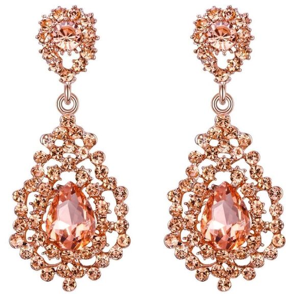 Rose Gold with Champagne Topaz Austrian Crystal Art Deco Chandelier Earrings - Picture 1 of 4